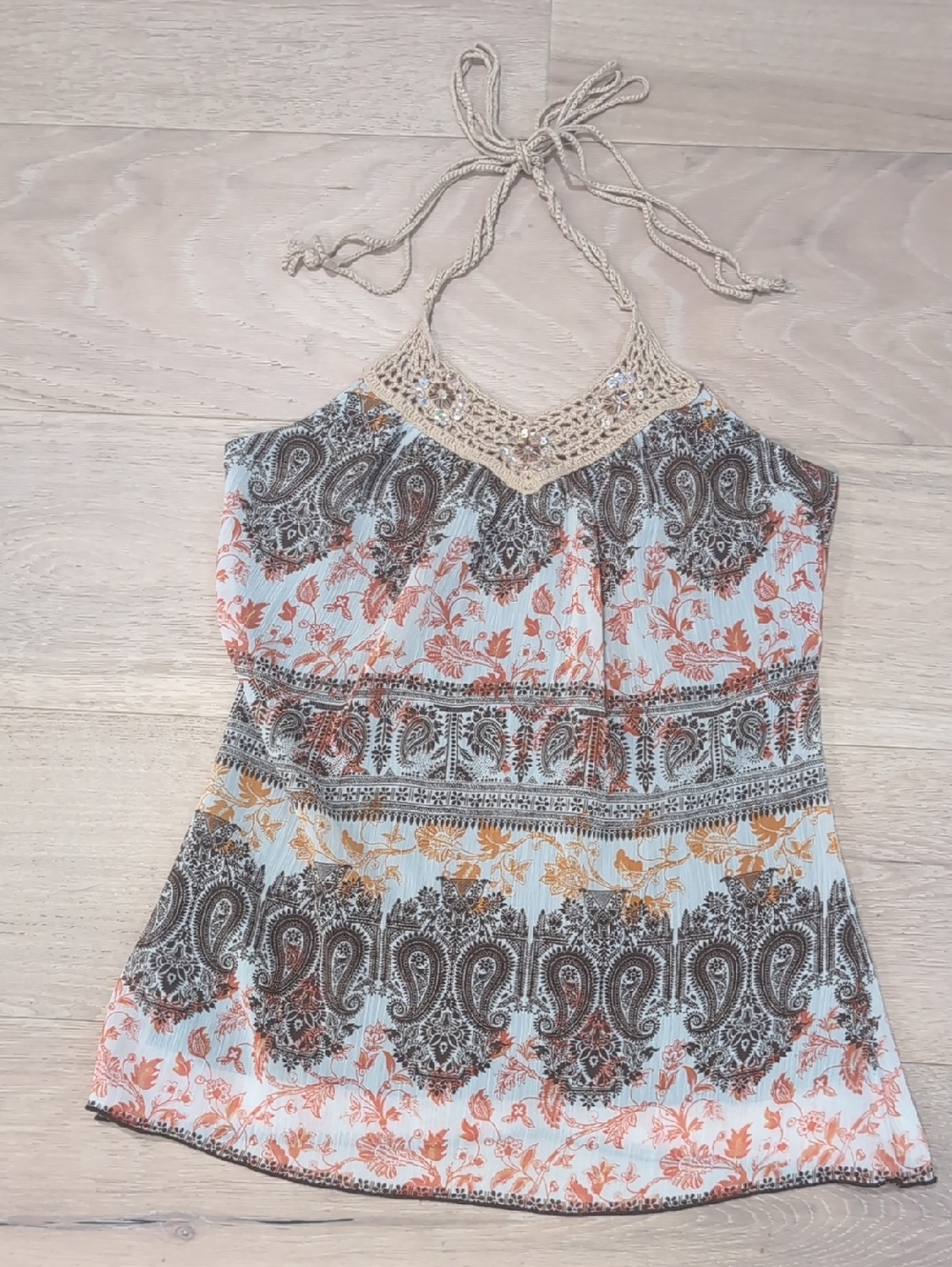 Crochet Halter Paisley Print Tank Top in Brown And Orange